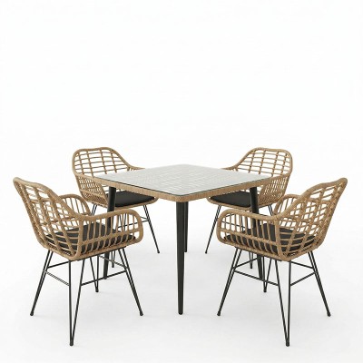 Τραπεζαρία Naoki V σετ 5τεμ pakoworld rattan pe σε φυσική απόχρωση και μαύρο μέταλλο 80x80x78εκ