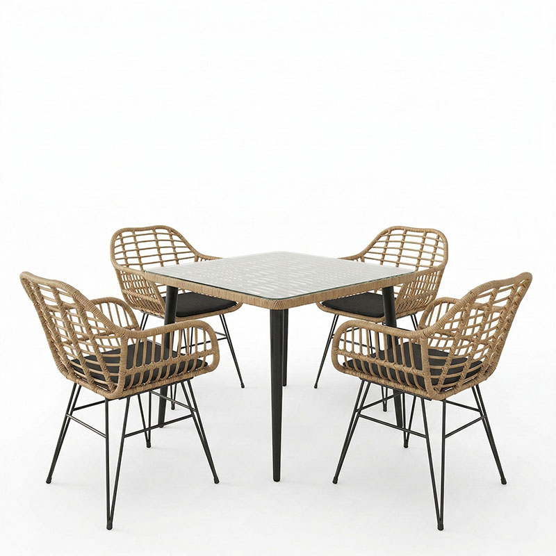 Τραπεζαρία Naoki V σετ 5τεμ pakoworld rattan pe σε φυσική απόχρωση και μαύρο μέταλλο 80x80x78εκ