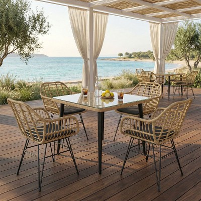 Τραπεζαρία Naoki V σετ 5τεμ pakoworld rattan pe σε φυσική απόχρωση και μαύρο μέταλλο 80x80x78εκ