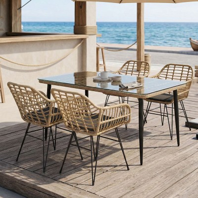 Τραπεζαρία Naoki Χ σετ 5τεμ pakoworld rattan pe σε φυσική απόχρωση και μαύρο μέταλλο 160x90x78εκ