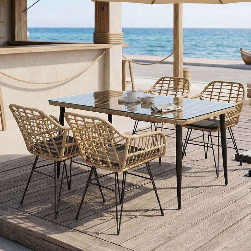 Τραπεζαρία Naoki Χ σετ 5τεμ pakoworld rattan pe σε φυσική απόχρωση και μαύρο μέταλλο 160x90x78εκ