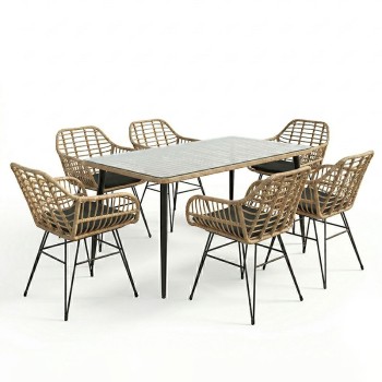 Τραπεζαρία Naoki Χ σετ 7τεμ pakoworld rattan pe σε φυσική απόχρωση και μαύρο μέταλλο 160x90x78εκ