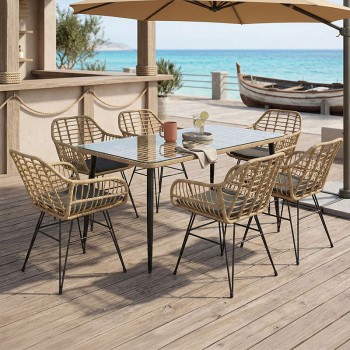 Τραπεζαρία Naoki Χ σετ 7τεμ pakoworld rattan pe σε φυσική απόχρωση και μαύρο μέταλλο 160x90x78εκ