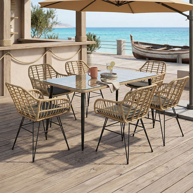 Τραπεζαρία Naoki Χ σετ 7τεμ pakoworld rattan pe σε φυσική απόχρωση και μαύρο μέταλλο 160x90x78εκ