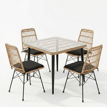 Τραπεζαρία Naoki U σετ 5τεμ pakoworld rattan pe σε φυσική απόχρωση και μαύρο μέταλλο 80x80x78εκ