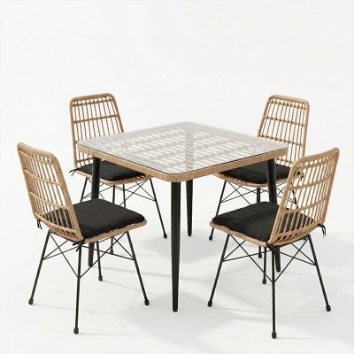 Τραπεζαρία Naoki U σετ 5τεμ pakoworld rattan pe σε φυσική απόχρωση και μαύρο μέταλλο 80x80x78εκ