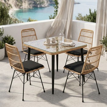 Τραπεζαρία Naoki U σετ 5τεμ pakoworld rattan pe σε φυσική απόχρωση και μαύρο μέταλλο 80x80x78εκ