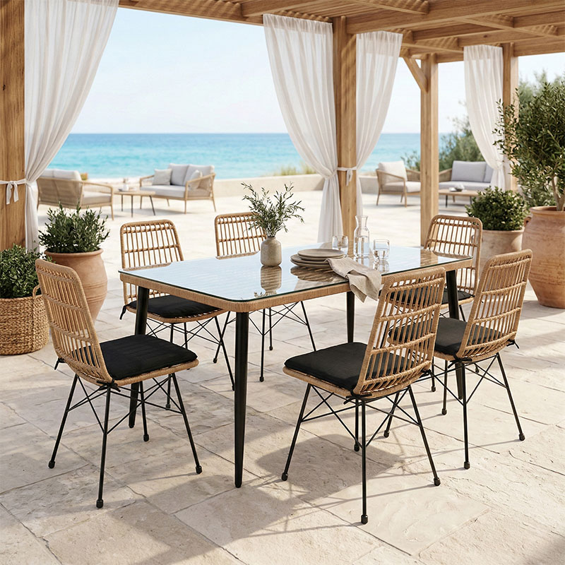 Τραπεζαρία Naoki U σετ 7τεμ pakoworld rattan pe σε φυσική απόχρωση και μαύρο μέταλλο 160x90x78εκ