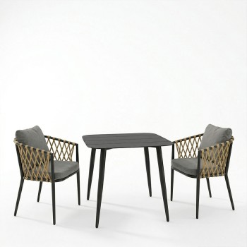 Τραπεζαρία Peluxe Vista pakoworld σετ 3τεμ ανθρακί αλουμίνιο με PE σχοινί σε φυσική απόχρωση και μαξιλάρια 80x80x72εκ