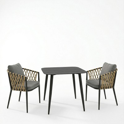 Τραπεζαρία Peluxe Vista pakoworld σετ 3τεμ ανθρακί αλουμίνιο με PE σχοινί σε φυσική απόχρωση και μαξιλάρια 80x80x72εκ