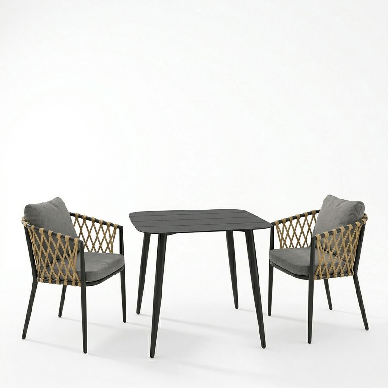 Τραπεζαρία Peluxe Vista pakoworld σετ 3τεμ ανθρακί αλουμίνιο με PE σχοινί σε φυσική απόχρωση και μαξιλάρια 80x80x72εκ