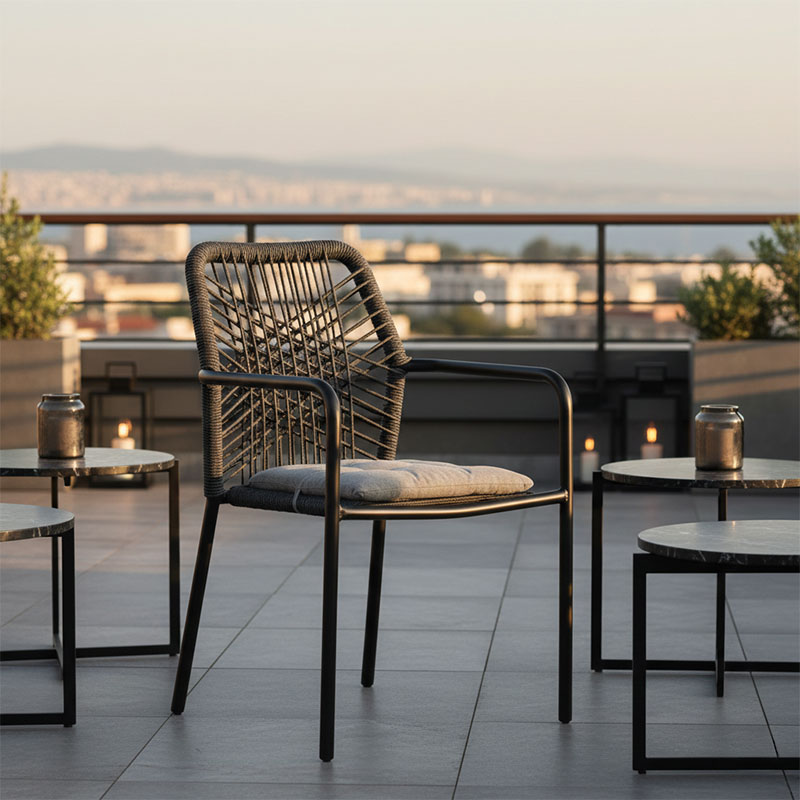 Πολυθρόνα Kherson pakoworld αλουμίνιο σχοινί ανθρακί-μαξιλάρι γκρι