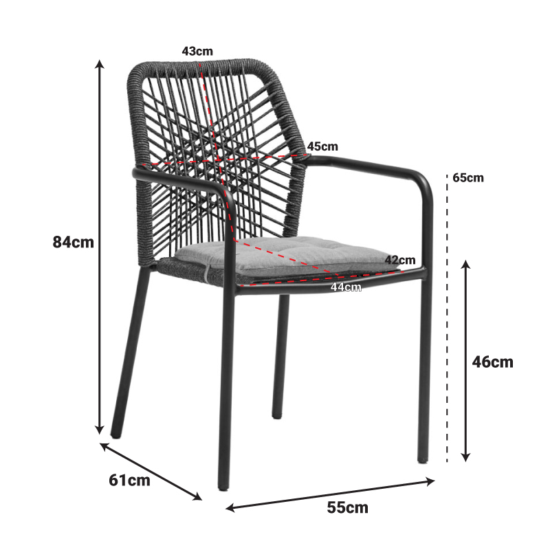 Πολυθρόνα Kherson pakoworld αλουμίνιο σχοινί ανθρακί-μαξιλάρι γκρι