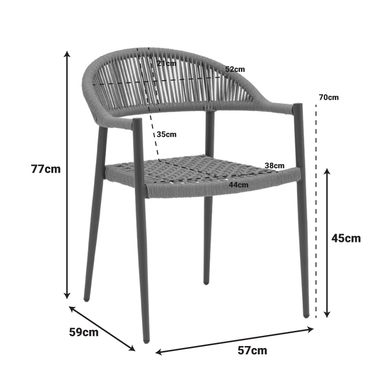 Πολυθρόνα Freiburg pakoworld αλουμίνιο μαύρο-σχοινί φυσικό-κεραμιδί