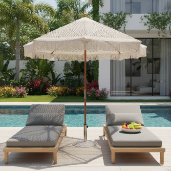 Ομπρέλα Brilie pakoworld ξύλο-μακραμέ Φ2.70x2.60 m εκρού