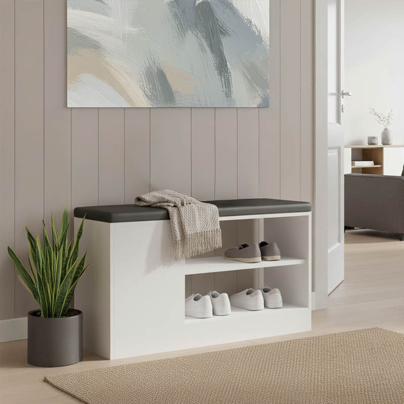 Παπουτσοθήκη-σκαμπό Deboule pakoworld 8 ζευγών σε λευκή-μαύρη απόχρωση 90x30x46εκ