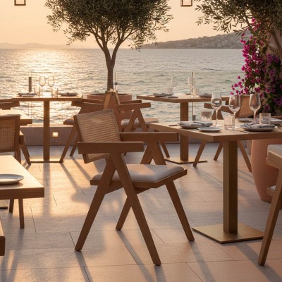 Πολυθρόνα Winslow pakoworld ξύλο rubberwood ανοικτό καρυδί-pvc rattan φυσικό-ύφασμα γκρι | 2 τμχ