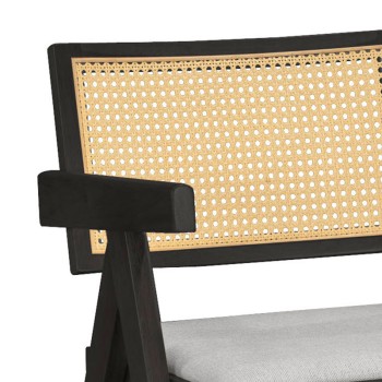 Πολυθρόνα Winslow pakoworld ξύλο rubberwood μαύρο-pvc rattan φυσικό-ύφασμα γκρι | 2 τμχ