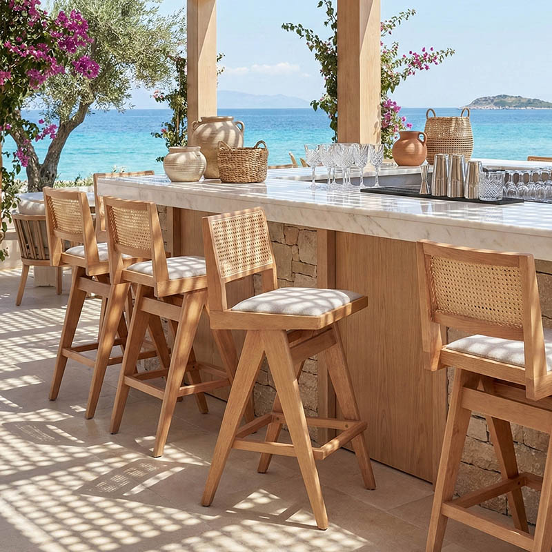 Σκαμπό bar Winslow pakoworld ξύλο rubberwood ανοικτό καρυδί-pvc rattan φυσικό-ύφασμα γκρι 44.5x46x98εκ | 2 τμχ