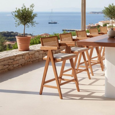 Σκαμπό bar Winslow pakoworld ξύλο rubberwood ανοικτό καρυδί-pvc rattan φυσικό-ύφασμα γκρι | 2 τμχ