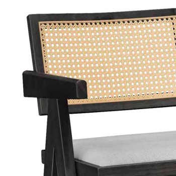 Σκαμπό bar Winslow pakoworld ξύλο rubberwood μαύρο-pvc rattan φυσικό-ύφασμα γκρι | 2 τμχ