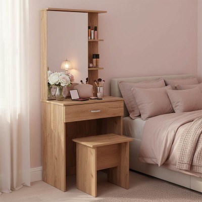 Τουαλέτα κρεβατοκάμαρας Zelia pakoworld με καθρέπτη και σκαμπό χρώμα oak 60x40.5x151εκ