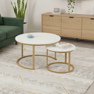 Τραπέζια σαλονιού Solme I pakoworld 2τεμ σε λευκή μαρμάρου απόχρωση με χρυσά μεταλλικά πόδια