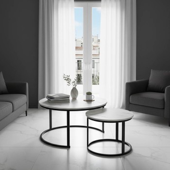 Τραπέζια σαλονιού Solme I pakoworld 2τεμ σε λευκή μαρμάρου απόχρωση με μαύρα μεταλλικά πόδια