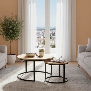 Τραπέζια σαλονιού Solme I pakoworld 2τεμ σε oak απόχρωση με μαύρα μεταλλικά πόδια