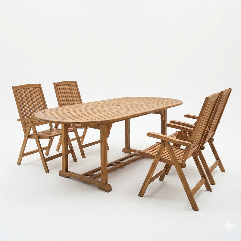 Τραπεζαρία Zerco-Sopho I pakoworld σετ 5τεμ φυσικό μασίφ ξύλο ακακίας 200/150x100x75εκ