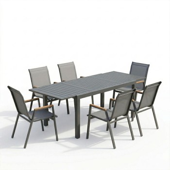 Τραπεζαρία Azelie-Lafla pakoworld σετ 7τεμ ανθρακί ύφασμα-ανθρακί αλουμίνιο 160-240x90x75εκ