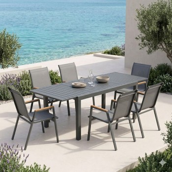 Τραπεζαρία Azelie-Lafla pakoworld σετ 7τεμ ανθρακί ύφασμα-ανθρακί αλουμίνιο 160-240x90x75εκ