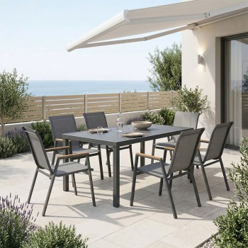 Τραπεζαρία Azelie-Kliton pakoworld σετ 7τεμ ανθρακί ύφασμα-ανθρακί αλουμίνιο 150x80x74εκ