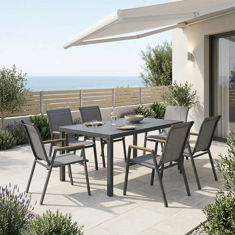 Τραπεζαρία Azelie-Kliton pakoworld σετ 7τεμ ανθρακί ύφασμα-ανθρακί αλουμίνιο 150x80x74εκ