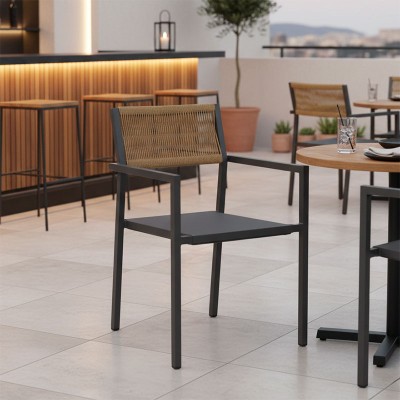 Πολυθρόνα αλουμινίου Savor pakoworld στοιβαζόμενη ανθρακί σκελετός-textilene φυσικό rattan 55x58x83εκ