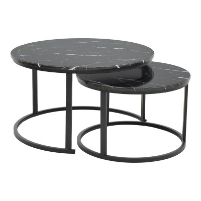 Τραπέζι σαλονιού Revelon pakoworld σετ 2τεμ mdf σε απόχρωση μαύρο όψης μαρμάρου 80x80x45εκ