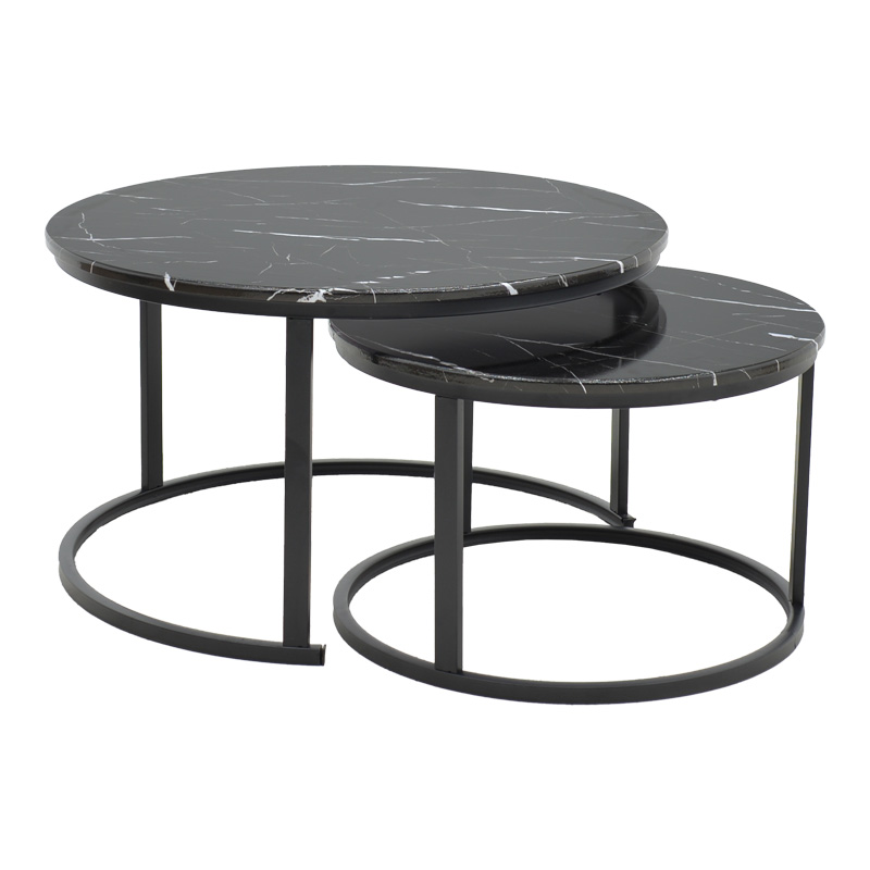 Τραπέζι σαλονιού Revelon pakoworld σετ 2τεμ mdf σε απόχρωση μαύρο όψης μαρμάρου 80x80x45εκ