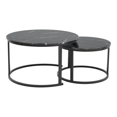 Τραπέζι σαλονιού Revelon pakoworld σετ 2τεμ mdf σε απόχρωση μαύρο όψης μαρμάρου 80x80x45εκ
