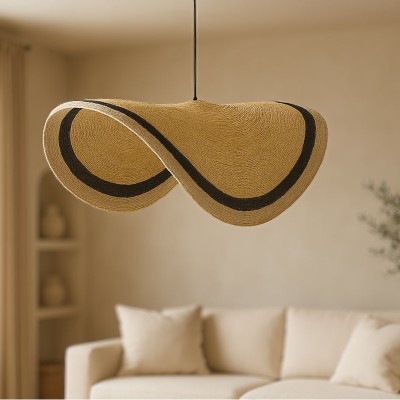 Φωτιστικό οροφής Hatchie Inart φυσικό-μαύρο-λευκό ψάθα-μέταλλο Φ70x123εκ