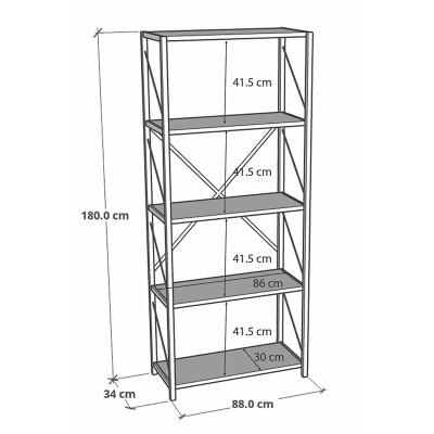 Βιβλιοθήκη Tikilmo pakoworld oak μελαμίνης-μαύρο μέταλλο 88x34x180εκ