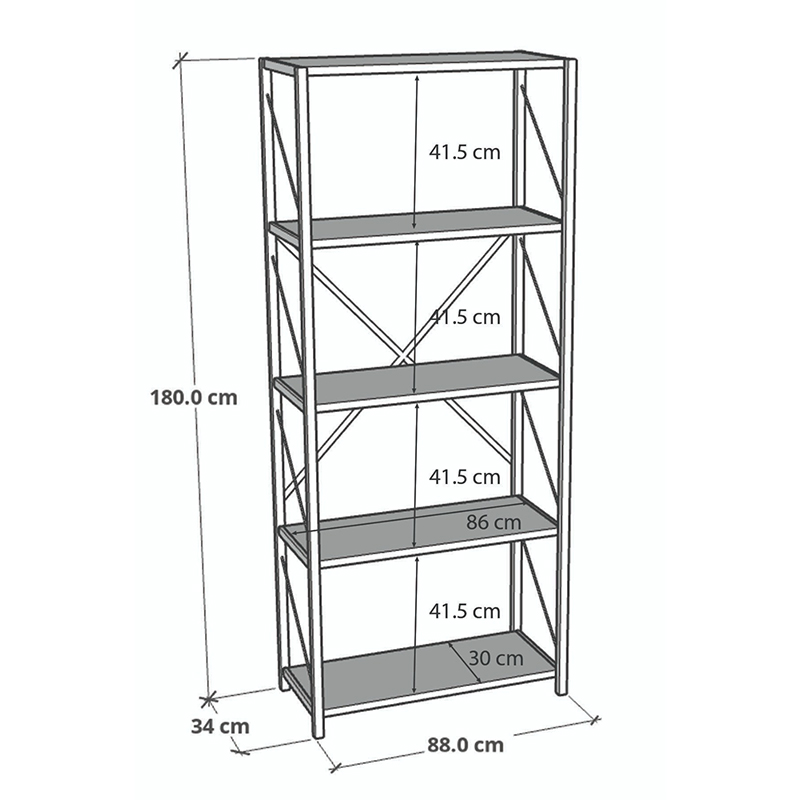 Βιβλιοθήκη Tikilmo pakoworld oak μελαμίνης-μαύρο μέταλλο 88x34x180εκ
