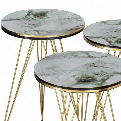 Βοηθητικά τραπέζια Wakmi pakoworld σετ 3τεμ λευκό μπεζ μαρμάρου μελαμίνης-χρυσό μέταλλο