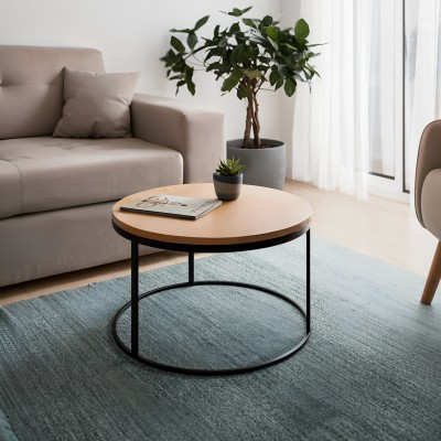 Τραπέζι σαλονιού Drion pakoworld oak μελαμίνης-μαύρο μέταλλο Φ60x42εκ