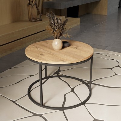 Τραπέζι σαλονιού Drion pakoworld oak μελαμίνης-μαύρο μέταλλο Φ60x42εκ