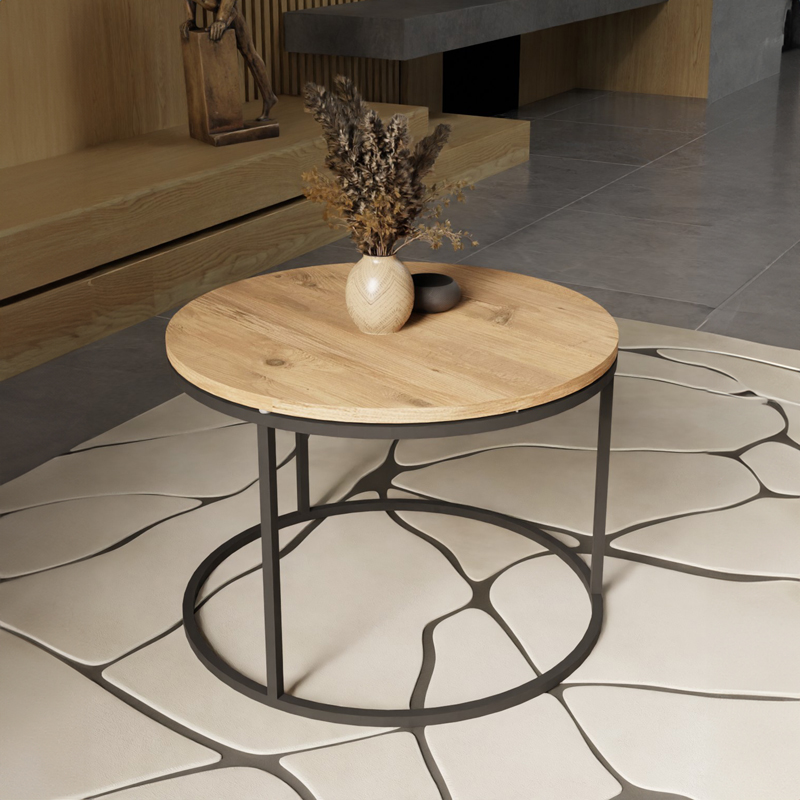 Τραπέζι σαλονιού Drion pakoworld oak μελαμίνης-μαύρο μέταλλο Φ60x42εκ