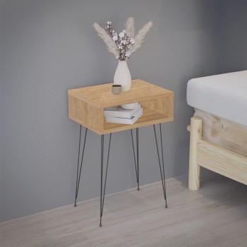 Κομοδίνο Naida pakoworld σε oak απόχρωση -μαύρα μεταλλικά πόδια 40x30x56εκ