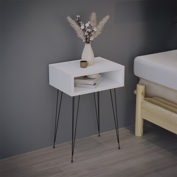 Κομοδίνο Naida pakoworld σε λευκή απόχρωση -μαύρα μεταλλικά πόδια 40x30x56εκ