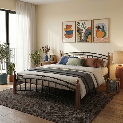 Κρεβάτι Clarive pakoworld ξύλο σε καρυδί απόχρωση-μαύρο μέταλλο 160x200εκ