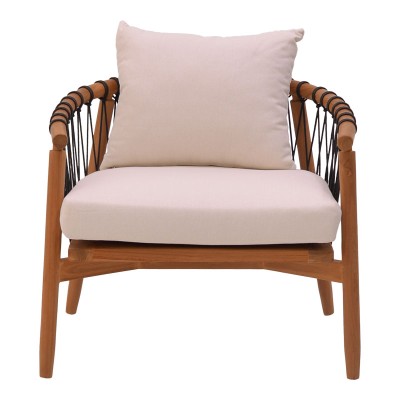 Πολυθρόνα Haribo pakoworld φυσικό teak ξύλο-μαύρο σχοινί-λευκο μαξιλάρι 80x76x72εκ