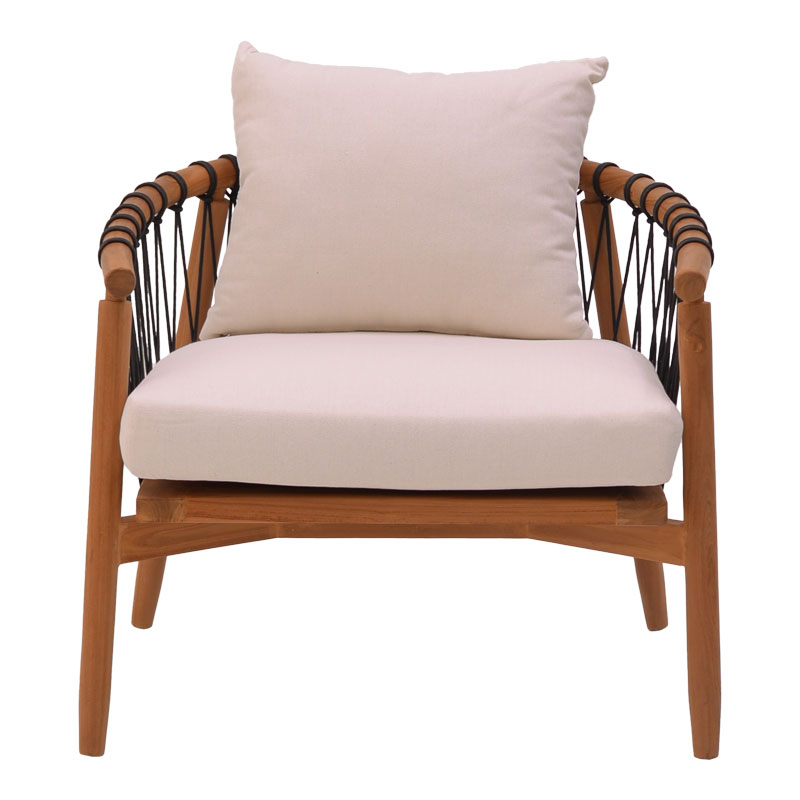 Πολυθρόνα Haribo pakoworld φυσικό teak ξύλο-μαύρο σχοινί-λευκο μαξιλάρι 80x76x72εκ